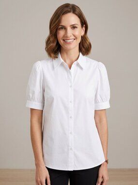 NWT Sunnow White Short Puff Sleeve Button Up Blouse Medium